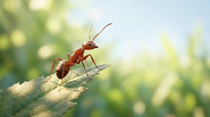 Red ant on a green leaf in vibrant nature, macro shot showcasing delicate details and natural light with bokeh.