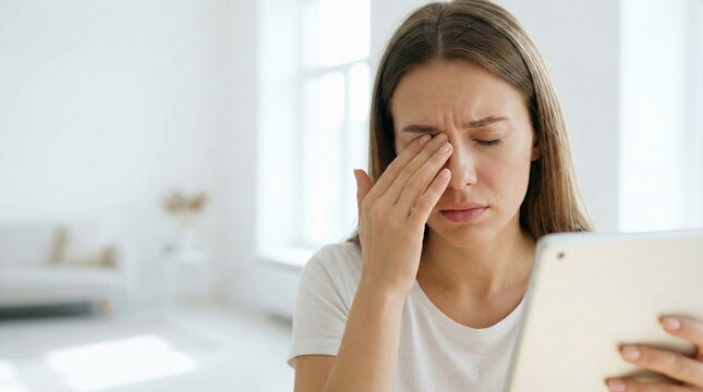 A young woman experiences eye strain and discomfort while using a digital tablet at home, highlighting issues from excessive screen time.