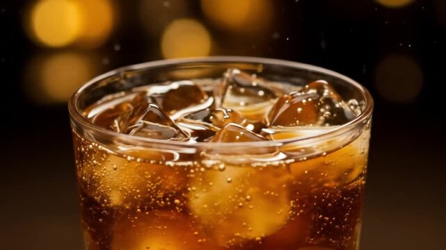 A glass filled with ice and a dark bubbly liquid possibly soda or cola sits in front of a blurred warmly lit background