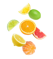 Fototapeta premium Different fresh citrus fruits falling on white background
