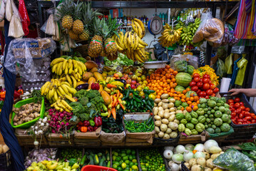 A colorful and abundant display of fruits and vegetables at a market