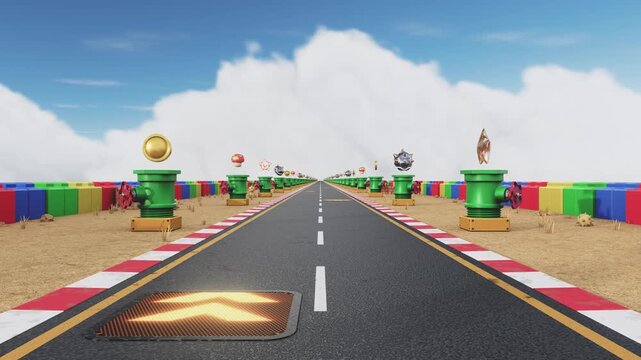 Video Game kart world racing 3D Loop Animation stream with Power Up