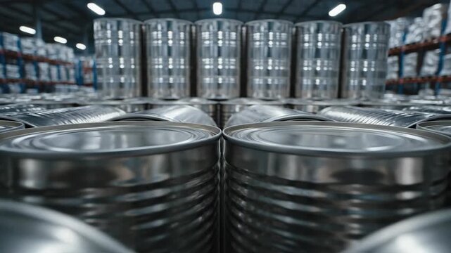 Warehoused rows of shiny metal cans, close-up and in focus, Industrial storage facility with stacked goods, tightly packed cylindrical containers