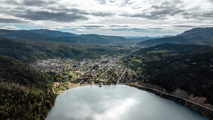 Aerial shot of San Martin de los Andes and Lake Lacar from a high-altitude viewpoint