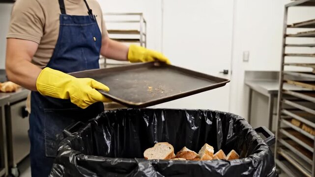 Discarding stale bread from a baking tray into a trash bin, preparing for cleaning the kitchen