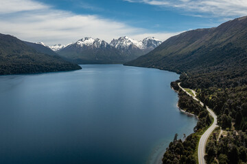 Aerial shot of Lake Mascardi and Mount Tronador in Patagonia Argentina