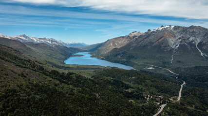 Aerial shot of Lake Guillelmo and surrounding mountains in Patagonia Argentina