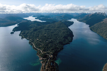 Aerial shot of Villa La Angostura, Lake Nahuel Huapi, and Lake Correntoso with Route 40