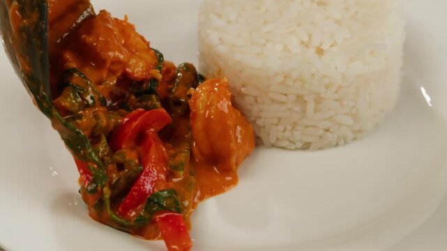 Tamarind red prawn curry cooking, shrimps in tomato ginger sauce, asian kitchen, Chinese restaurant.