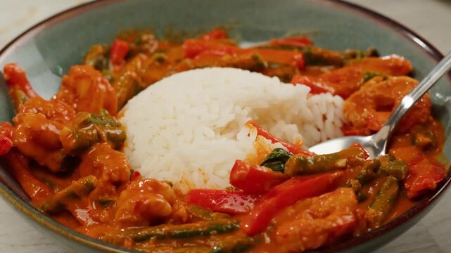 Tamarind red prawn curry cooking, shrimps in tomato ginger sauce, asian kitchen, Chinese restaurant.