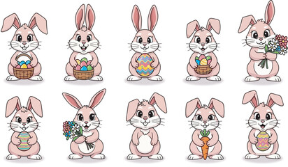 Obraz premium Easter bunny vector illustration sticker. Cute white rabbit with easter egg. Cartoon character mascot