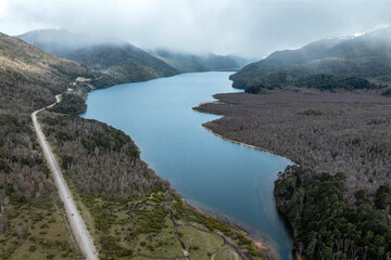 Aerial shot of Lake Villarino in Patagonia Argentina