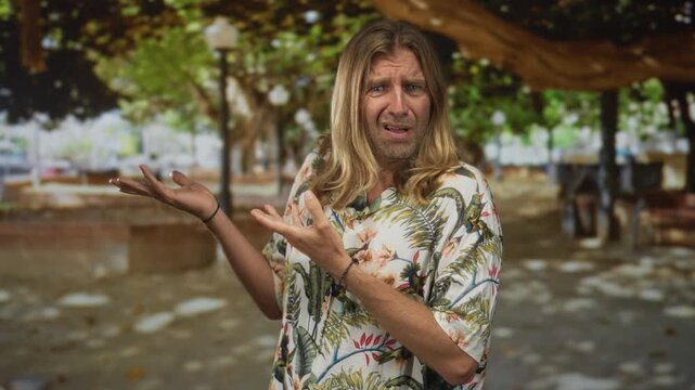 Blond long haired man stands with open palms and shrugged shoulders in a green park setting; uncertainty.