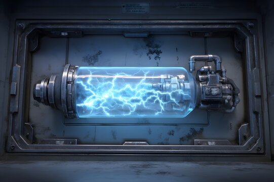 Plasma storage canister glowing inside futuristic weapon armory dramatic sci fi concept photography