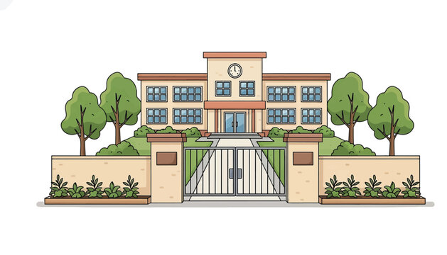 Front View School Building with Gate and Trees in Clean Vector Style