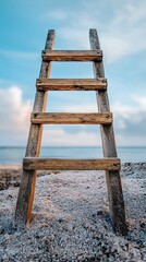 Wooden Ladder to New Heights: A rustic wooden ladder stands tall against a backdrop of a tranquil ocean and sky, symbolizing aspiration, progress, and the journey toward personal growth.