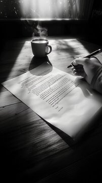 Person Editing and Correcting a Written Document at Desk, Black and White. Video.