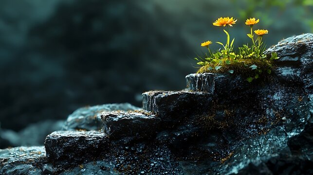 Tiny Bloom Amidst the Stone: A tenacious cluster of vibrant yellow flowers blooms defiantly amidst a rugged, ancient stone, whispering a tale of resilience and the unyielding beauty of life.