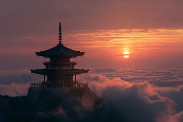 Pagoda above mountains and clouds at sunrise, representing spiritual elevation, calm, and inner peace