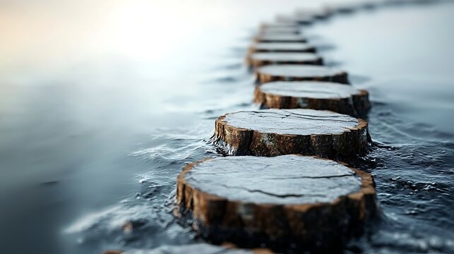 Path of Tranquility: A serene pathway, artfully crafted from circular stones, gently guides the eye across the tranquil water, inviting contemplation and a sense of calm. 