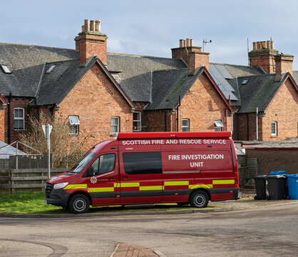 Fatal fire investigation underway at 5 Railway Terrace Brora Scotland with Fire Investigation Unit van