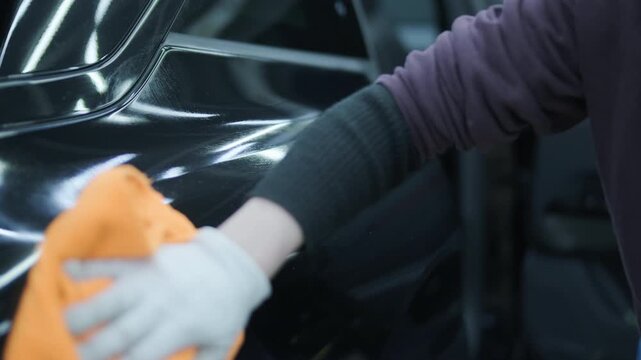 Professional detailer installing Paint Protection Film (PPF) on car B-pillar. Close-up of hands using squeegee and knife to apply transparent anti-gravel vinyl.
