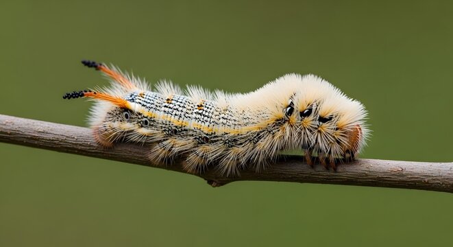 Tussock Moth Caterpillar with Furry Pale Body on Tree Branch in Natural Habitat