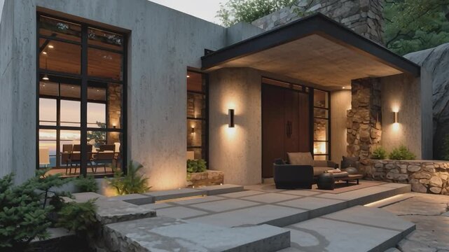Modern Home Exterior: A contemporary architectural marvel, seamlessly blending concrete, glass, and stone, creates a stunning, inviting living space, showcasing modern design with a touch of nature.