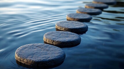 Stepping Stone to Tranquility: Serene image of stepping stones across tranquil water, with a suggestion of progression, calm, and finding your own path.