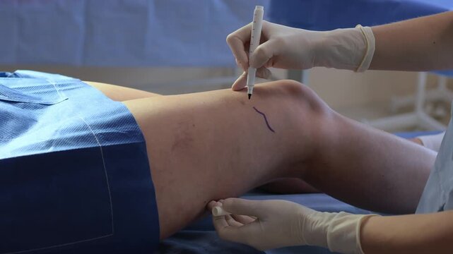 Drawing vein markings on legs for vein therapy planning 4k video. Preoperative vein mapping from a vascular surgeon.
