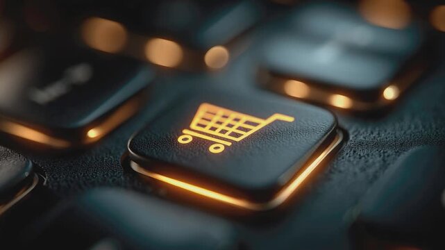 Online Shopping Symbol: Illuminated keyboard key featuring a golden shopping cart icon, symbolizing digital commerce, retail, and the ease of modern online shopping experiences.