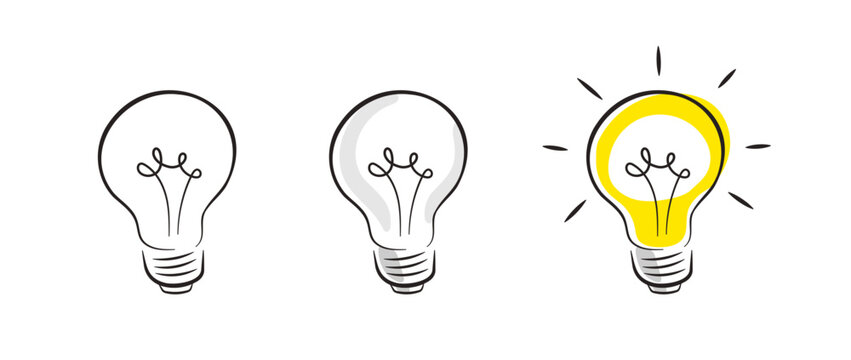 Light bulb vector illustration in hand-drawn style. Sketch of a light bulb on and off.