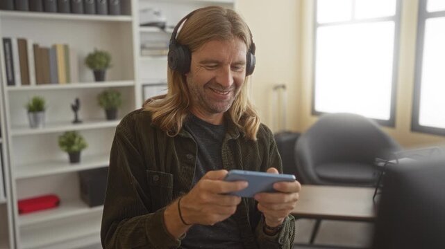 Blond man with long hair wearing headphones seated smiles while tapping smartphone in building; focus calm.