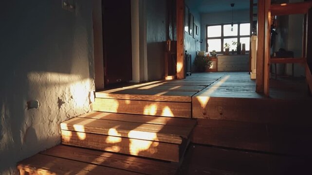 Sunlit Wooden Steps: Warm sunlight streams across rustic wooden steps inside, casting striking shadows and illuminating the simple architecture.