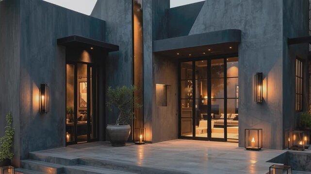Modern Residence Facade: An imposing architectural facade showcases a contemporary residence, harmonizing sleek lines, ambient lighting, and high-end design elements.