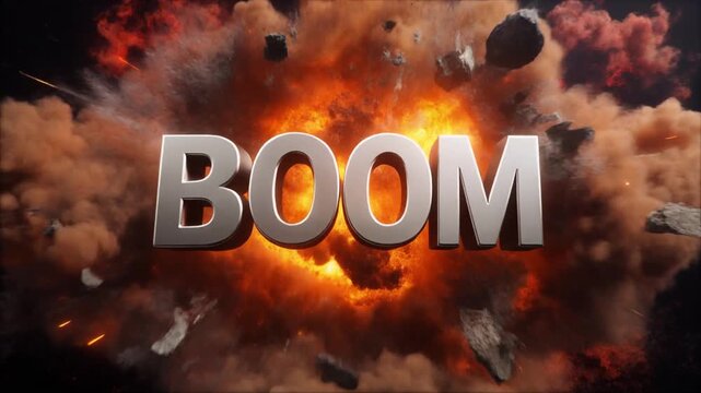 A massive cinematic explosion erupts in slow motion, bright orange and red fireballs expandi