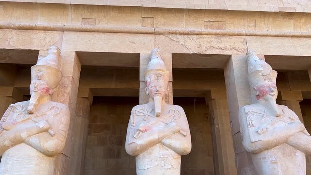 Egypt, December 20, 2022: The Mortuary Temple of Hatshepsut at Deir el-Bahri. Located near the cliffs of Deir el-Bahri on the west bank of the Nile, near the Valley of the Kings. Ancient temple. 4K