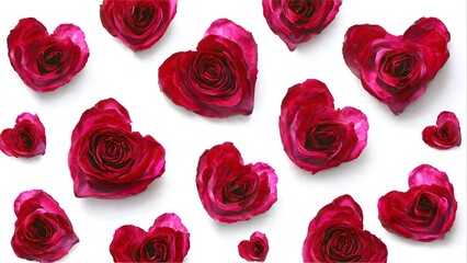 Fototapeta premium Heart shaped rose buds are scattered artfully against a white background, creating a floral pattern that evokes love, passion, and romantic feelings now.