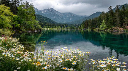 A crystal-clear turquoise mountain lake with blooming daisies in the foreground, surrounded by majestic Alps and a cloudy sky, a peaceful summer landscape full of freshness and harmony landscape