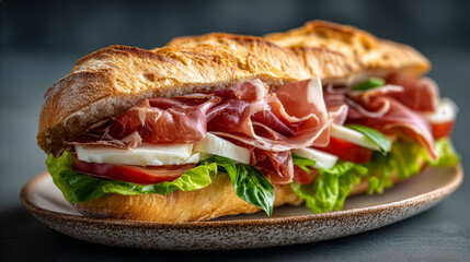 Italian prosciutto sandwich on a rustic, elegant dinner plate. Crusty golden baguette sliced lengthwise, filled with thinly folded prosciutto, fresh mozzarella slices, ripe red tomato slices