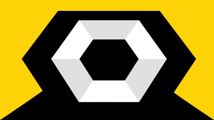 Abstract geometric composition featuring a nested hexagon with white, gray, yellow, and black shapes