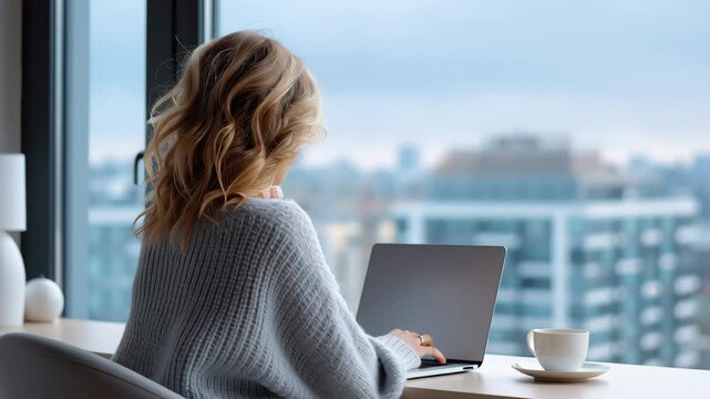 Woman working on a laptop at home near a large window with city view and coffee, showing remote work and modern home office lifestyle
