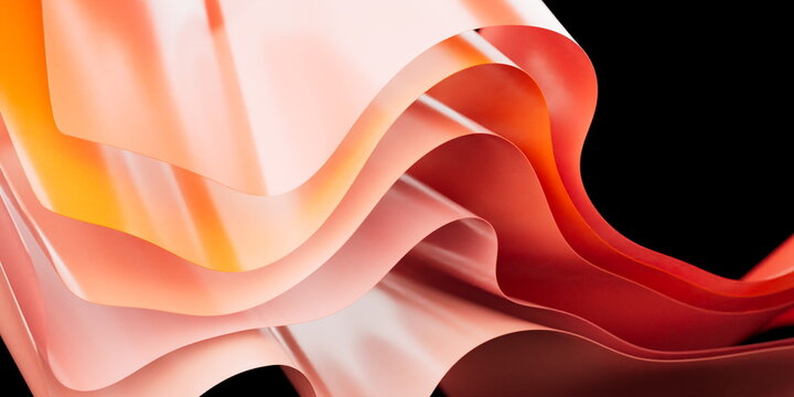3D Illustration of Minimalist Fluid Ribbon Art Featuring Overlapping Warm-Toned Peach and Red Sheets over Solid Black Backdrop