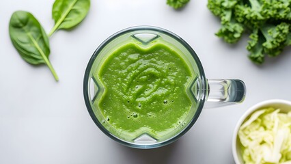 Clean Healthy Lifestyle (Top View, Minimal)-Smoothie made from spinach cabbage and kale, vibrant natural green color, smooth texture visible through the glass