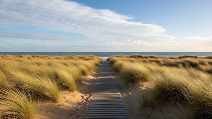 Timeless Travel-A neutral-season wide shot of a wooden boardwalk crossing dunes toward the ocean