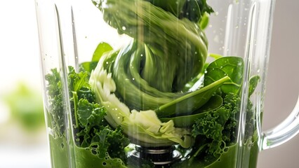 Fresh Preparation Process -Close-Up, Natural Look-Close-up shot of green smoothie being blended inside a modern blender, fresh spinach cabbage and kale creating a rich green mixture.