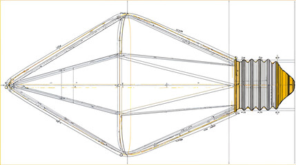 A technical drawing of a light bulb, showing internal structures and dimensions in a detailed perspective