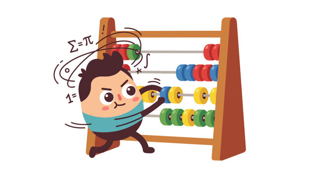 Cartoon character struggling with math on an abacus, overwhelmed by calculations, representing educational frustration and stress.