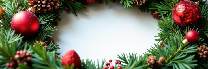 Blank paper card nestled within a vibrant Christmas wreath , overhead shot, blank card, festive decor