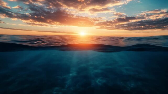 Dramatic sunset over ocean surface with light rays and cloudscape